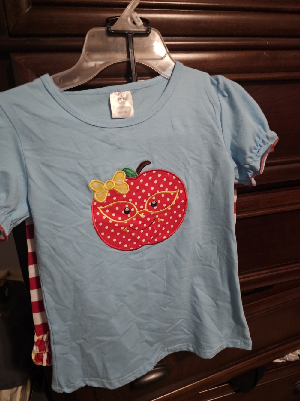 Girls Light Blue Apple Graphic Short Sleeve Top And Shorts